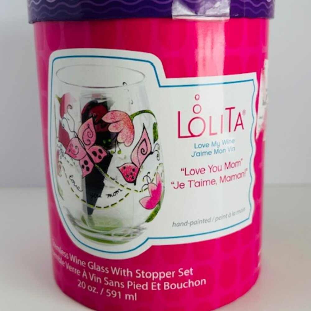 Lolita "Love You Mom" Hand Painted Stemless Wine Glass & Matching Stopper